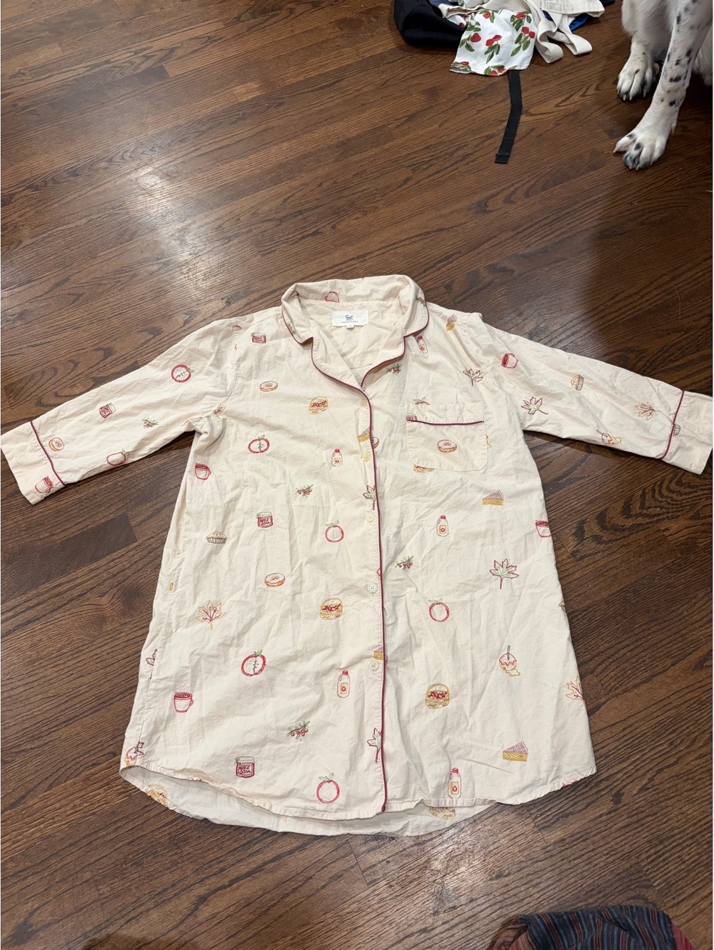 Printfresh Cream Button-Up Sleepshirt with Fall-Themed Embroidery, Size M